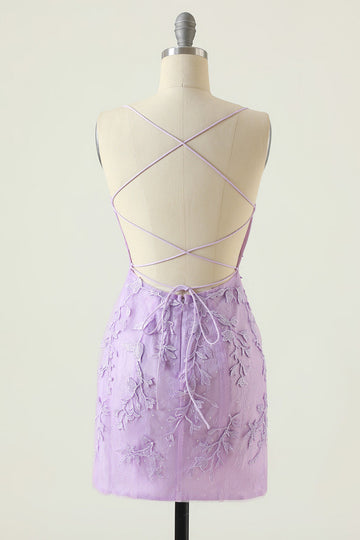 Purple Backless Bodycon Short Formal Dress With Appliques